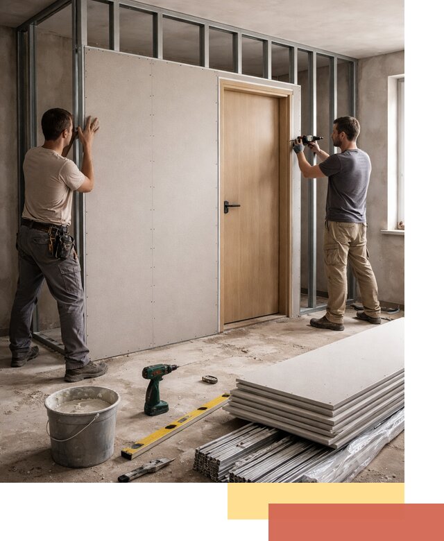 Перегородка из гипсокартона с дверью под ключ в Новокуйбышевске