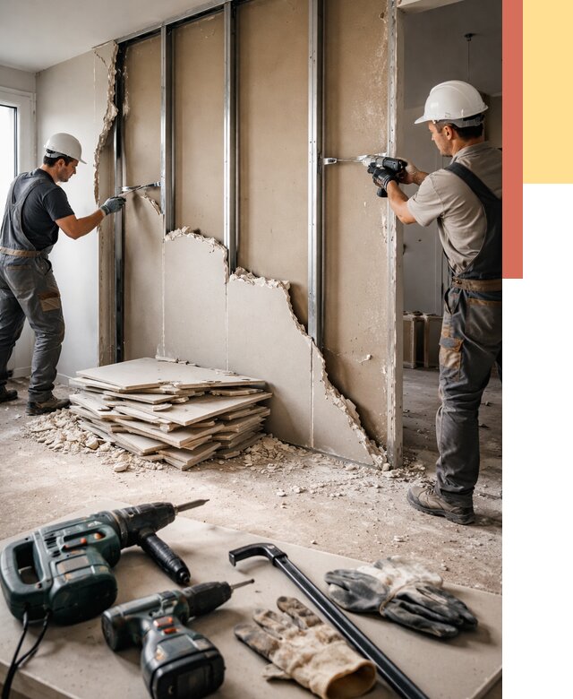 Демонтаж перегородки из гипсокартона в Новокуйбышевске от 1229 руб. быстро и недорого | ОТДЕЛОЧНИК-Нвб