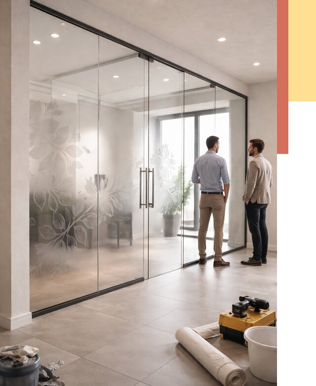 Стеклянные перегородки с рисунком в Новокуйбышевске от 12803 руб. монтаж и нанесение | ОТДЕЛОЧНИК-Нвб