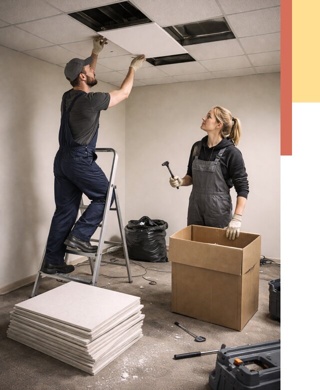 Демонтаж потолочной плитки в Новокуйбышевске от 4609 руб. быстро и недорого | ОТДЕЛОЧНИК-Нвб