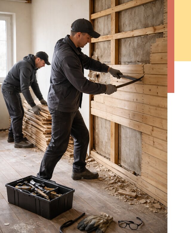 Демонтаж вагонки в Новокуйбышевске от 3892 руб/м2 — быстро и недорого | ОТДЕЛОЧНИК-Нвб