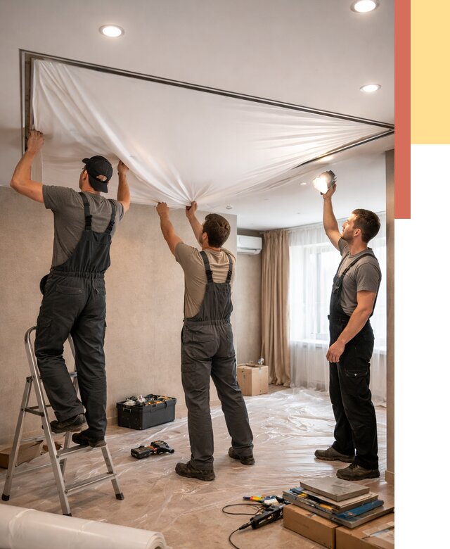 Монтаж ПВХ натяжного потолка в Новокуйбышевске от 3585 руб. под ключ | ОТДЕЛОЧНИК-Нвб