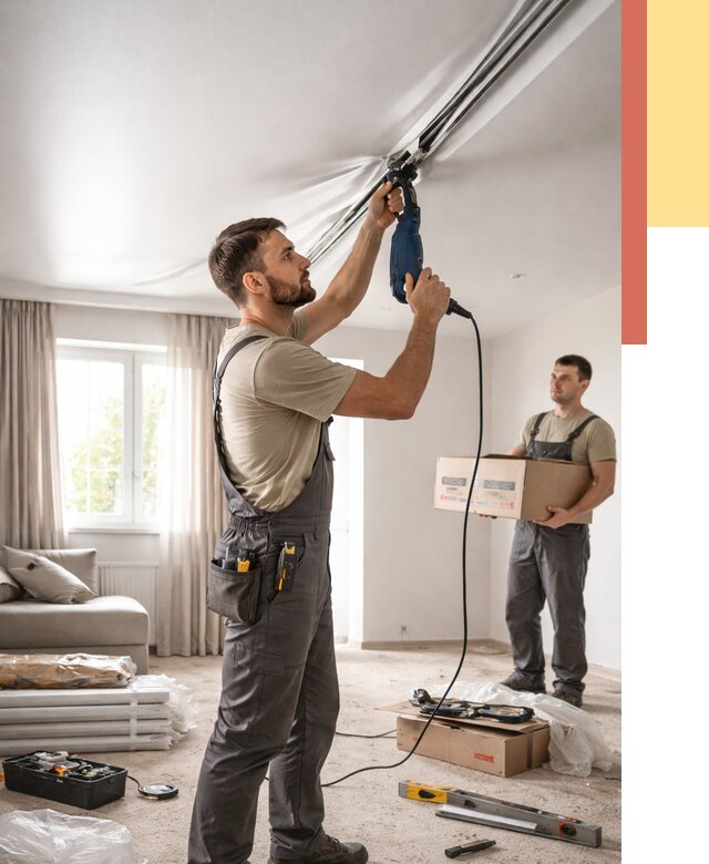 Монтаж сатинового натяжного потолка в Новокуйбышевске от 3585 руб. | Быстро, недорого — ОТДЕЛОЧНИК-Нвб