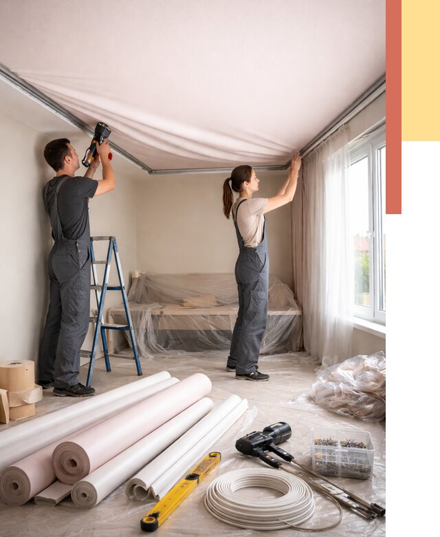 Монтаж цветного натяжного потолка в Новокуйбышевске от 4302 руб/м² — быстро и недорого | ОТДЕЛОЧНИК-Нвб