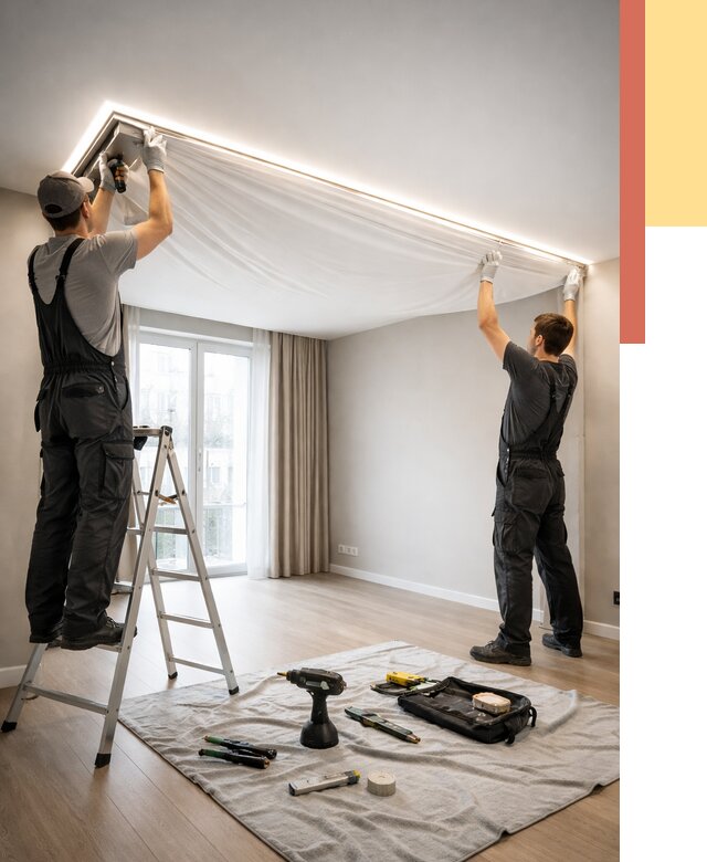 Монтаж парящего натяжного потолка в Новокуйбышевске от 4609 руб. быстро и недорого | ОТДЕЛОЧНИК-Нвб