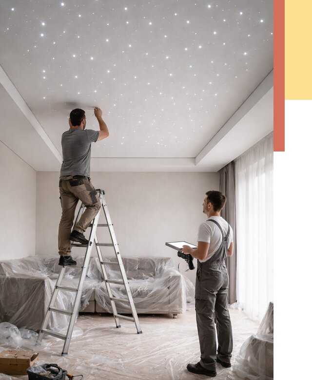 Монтаж натяжного потолка «звездное небо» в Новокуйбышевске от 6657 руб. | ОТДЕЛОЧНИК-Нвб