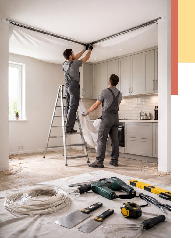 Установка натяжного потолка на кухне в Новокуйбышевске от 2458 руб. | ОТДЕЛОЧНИК-Нвб