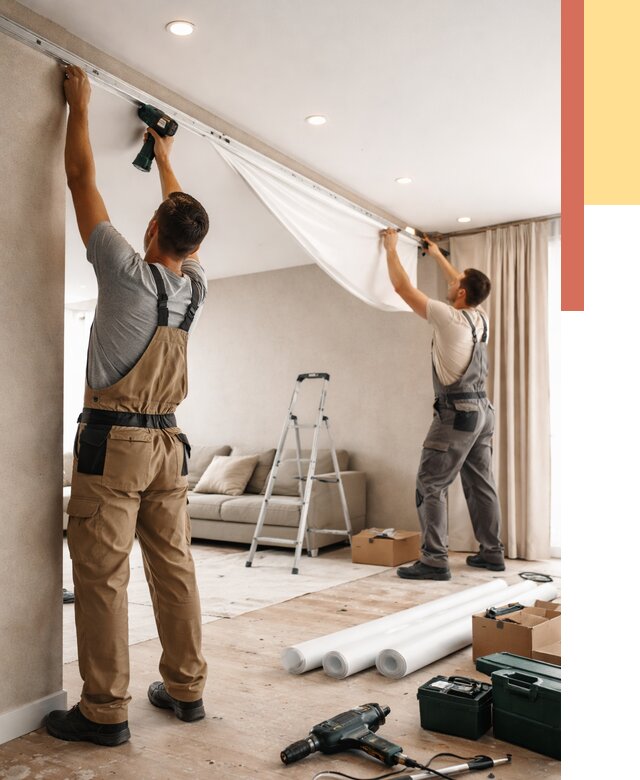 Монтаж натяжного потолка в гостиной в Новокуйбышевске от 563 руб. | ОТДЕЛОЧНИК-Нвб