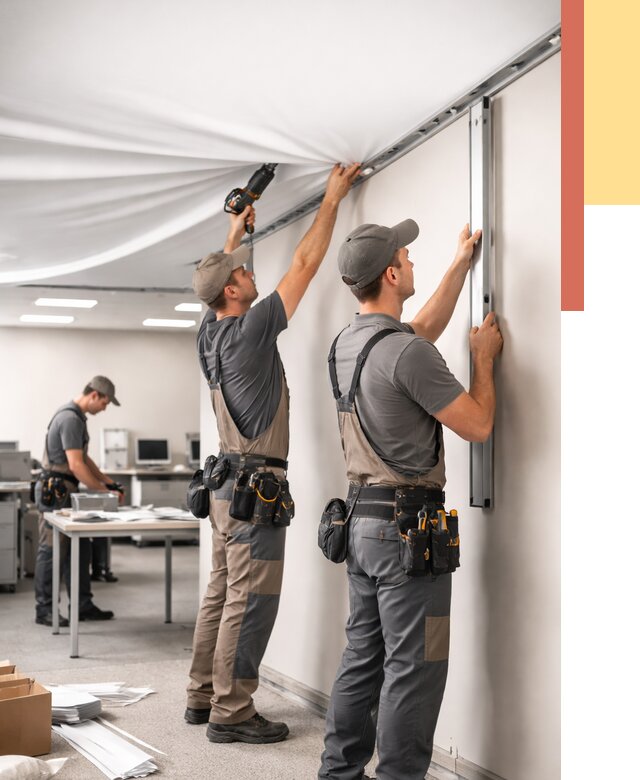 Монтаж натяжного потолка в офисе в Новокуйбышевске от 461 руб/м² — быстро и недорого | ОТДЕЛОЧНИК-Нвб