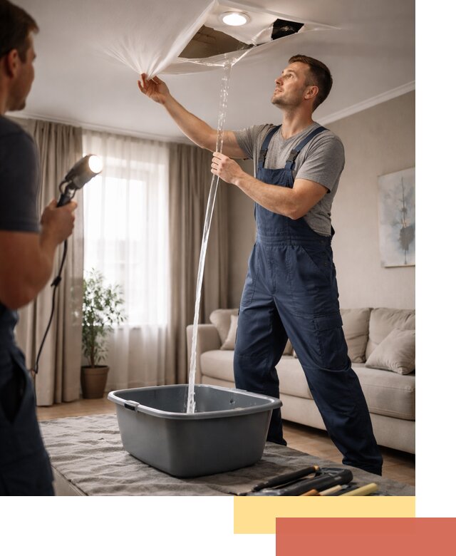 Слив воды с натяжного потолка в Новокуйбышевске быстро и аккуратно