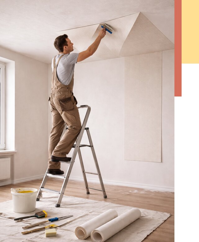 Поклейка обоев на потолок в Новокуйбышевске от 4609 руб. быстро и недорого | ОТДЕЛОЧНИК-Нвб